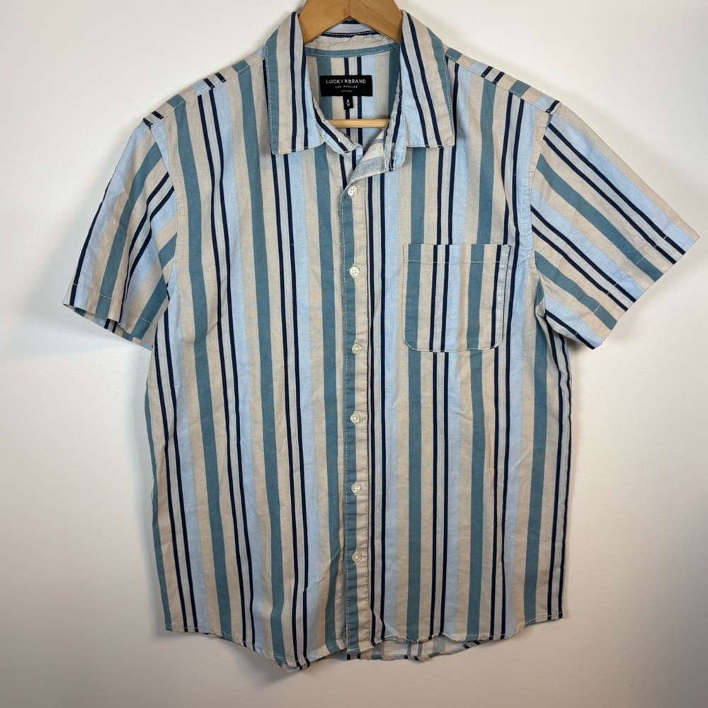 Lucky Brand Men’s Retro Shirt, Blue Striped, Short Sleeve Button, Size Medium
